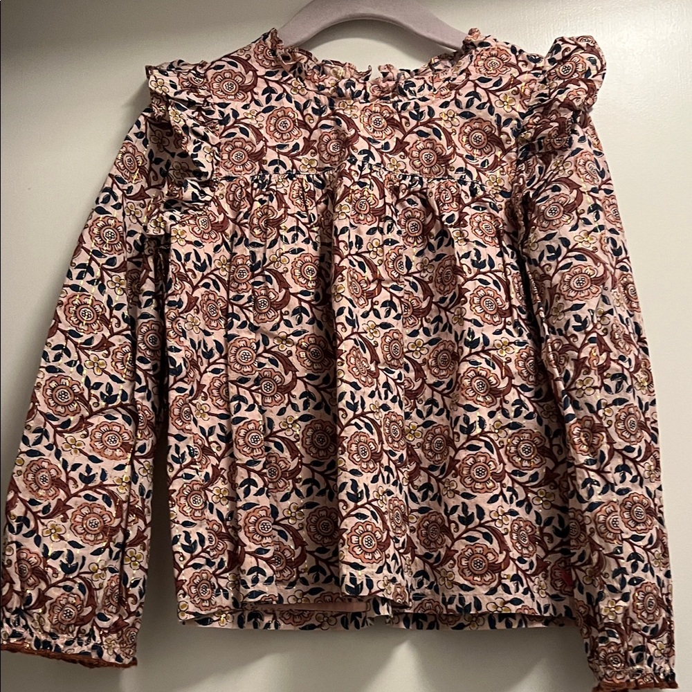 Pink Chicken Girls Kalani Top - Pink Floral Ruffle-Yoke Long Sleeve Blouse